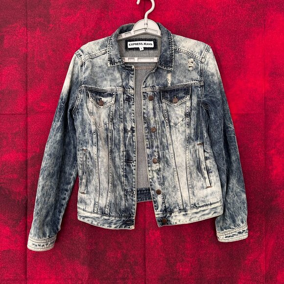 EXPRESS JEANS DENIM JACKET WOMEN'S, MEDIUM, BUTTON UP, POCKETS, DISTRESSED - Picture 1 of 14